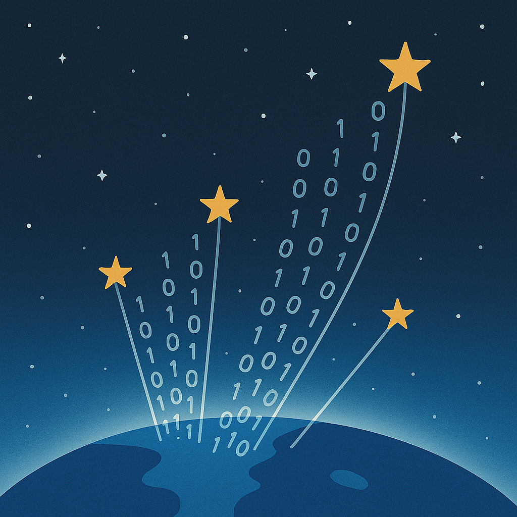 Earth horizon with data streams flowing into the stars